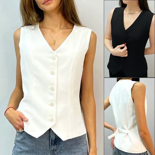 Damen Weste mit elegantem V-Ausschnitt und dekorativen Knöpfen Heidi-Mode
