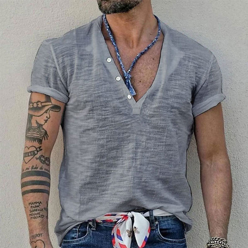 Herren Kurzarm Henley-Shirt mit dekorativen Knöpfen und atmungsaktiver Struktur Heidi-Mode