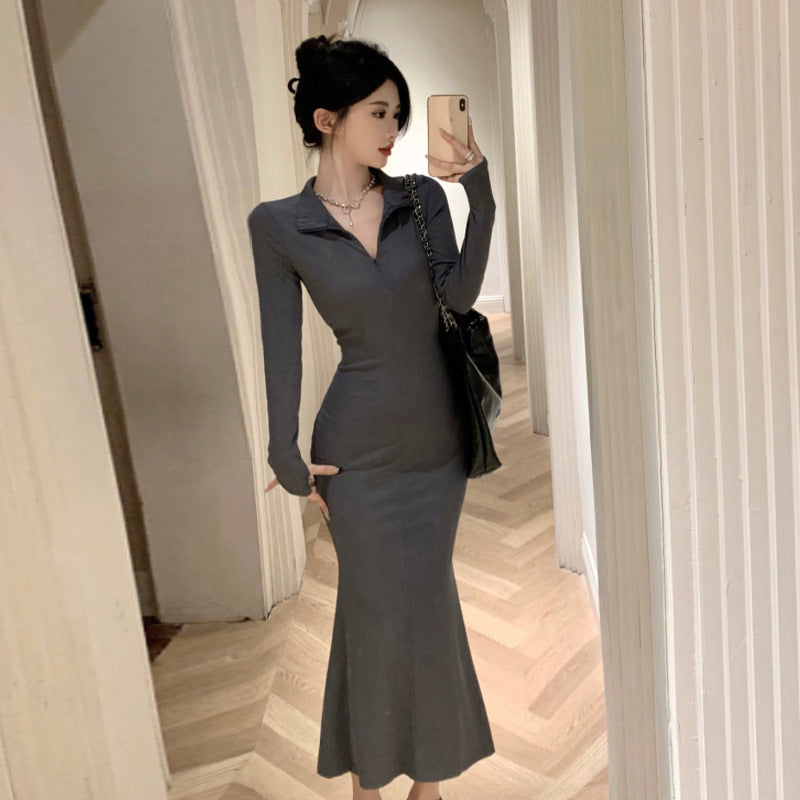 Heidi-Mode | Slim Fit Reißverschluss V-Ausschnitt Knielang Meerjungfrau Kleid