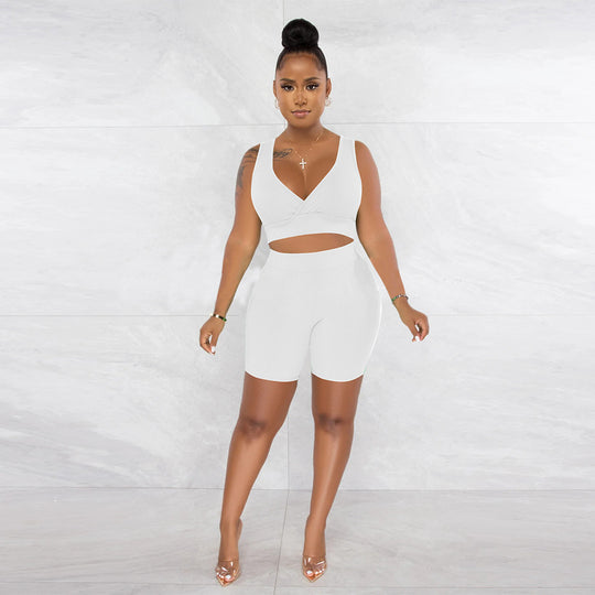 Damen Sportliches Set aus Cropped Oberteil und Radlerhosen mit Rippstruktur Heidi-Mode