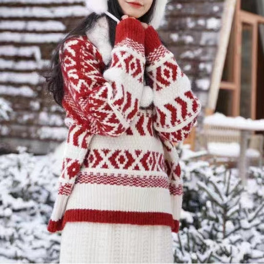 Damen gemütlicher Norwegerpullover mit dekorativem Muster und voluminösen Ärmeln Heidi-Mode