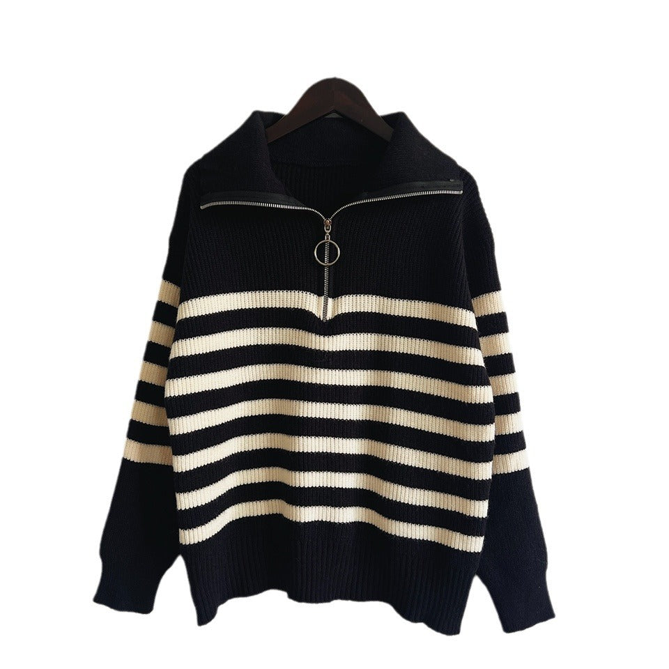 Damen gestreifter Pullover mit modernem Stehkragen und kurzer Reißverschluss Heidi-Mode