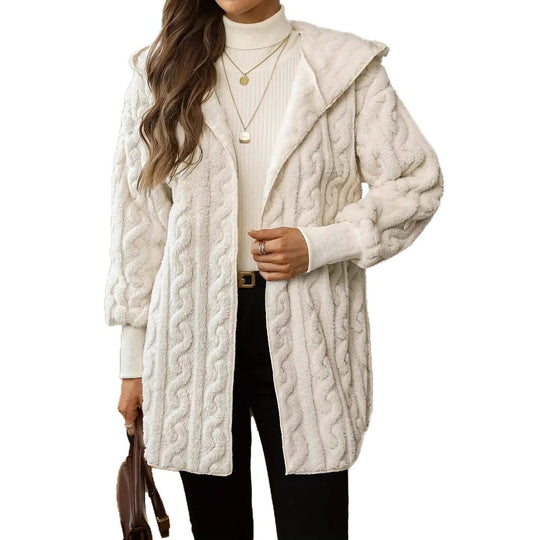 Damen Kuschelige Strickjacke mit Kapuze und Wellenmuster Heidi-Mode