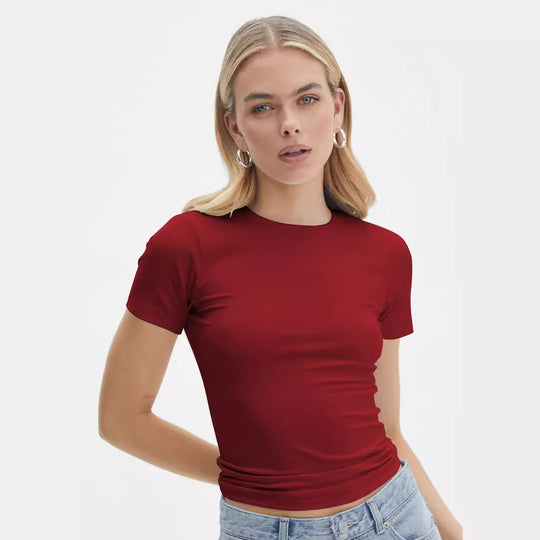 Damen figurbetontes T-Shirt mit Rundhalsausschnitt und kurzem Arm Heidi-Mode