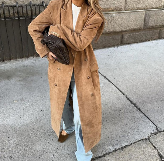 Damen Eleganter Wildleder-Trenchcoat mit doppelt geknöpftem Design Heidi-Mode