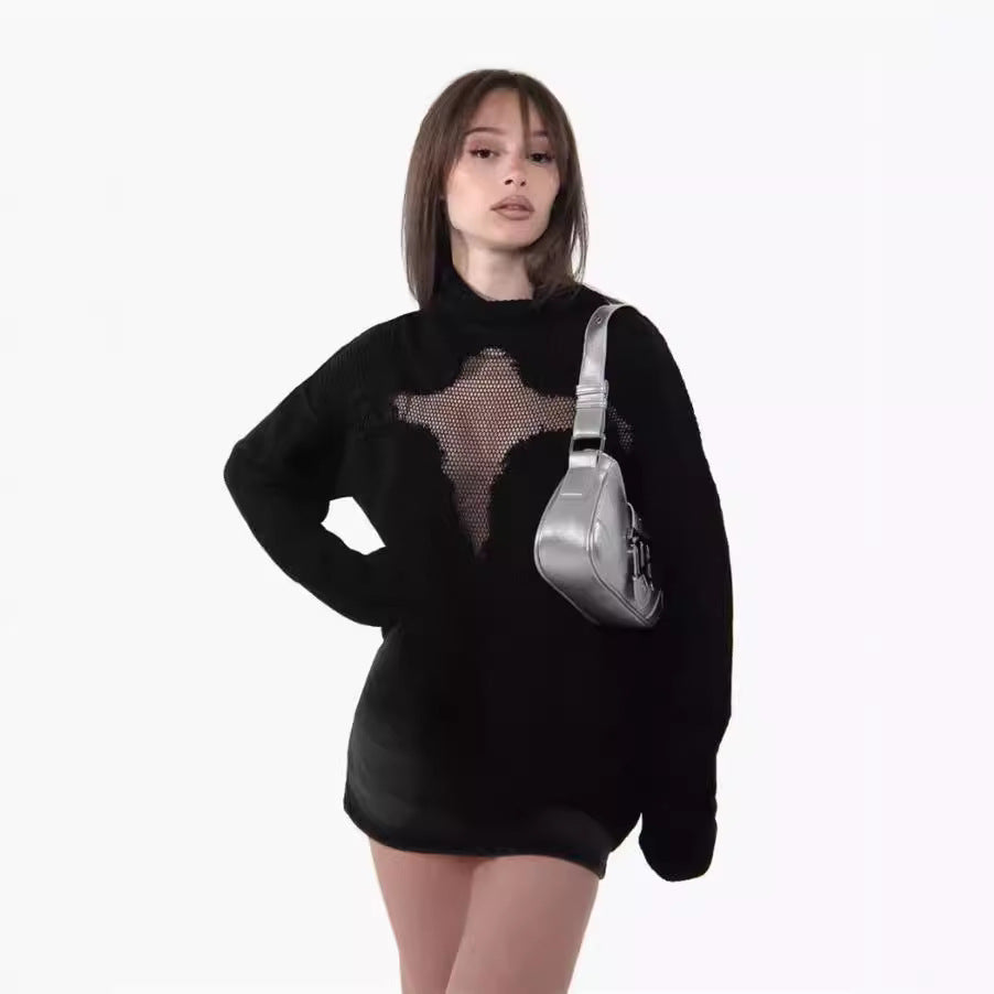 Damen Oversized Strickpullover mit aufregendem Mesh-Einsatz und unkonventionellem Design Heidi-Mode