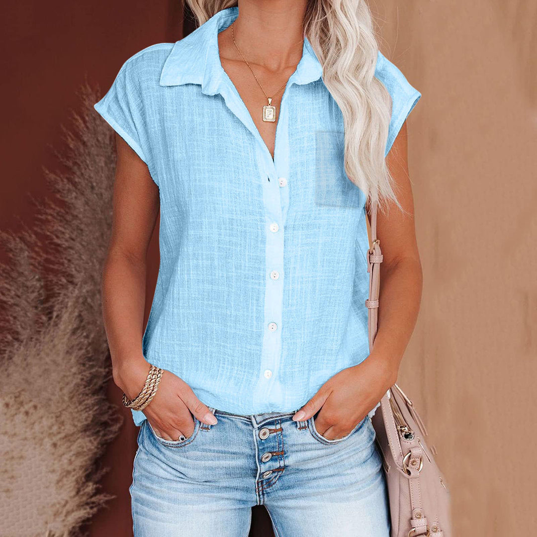 Damen Kurzarm Hemdbluse aus leichtem Leinenmix mit durchgehender Knopfleiste Heidi-Mode