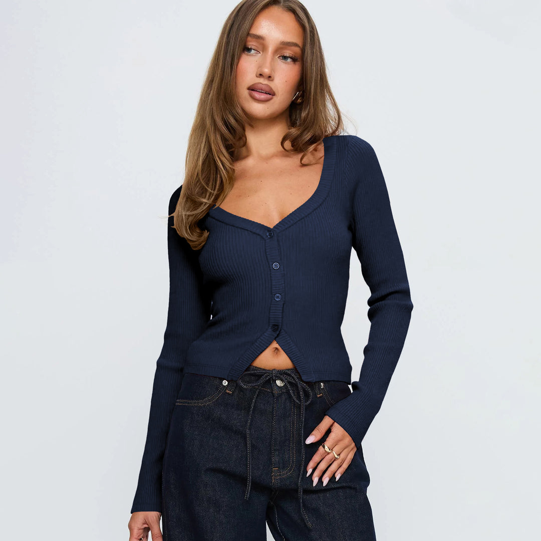 Damen Elegantes Ripp-Cardigan mit V-Ausschnitt und Knopfleiste Heidi-Mode
