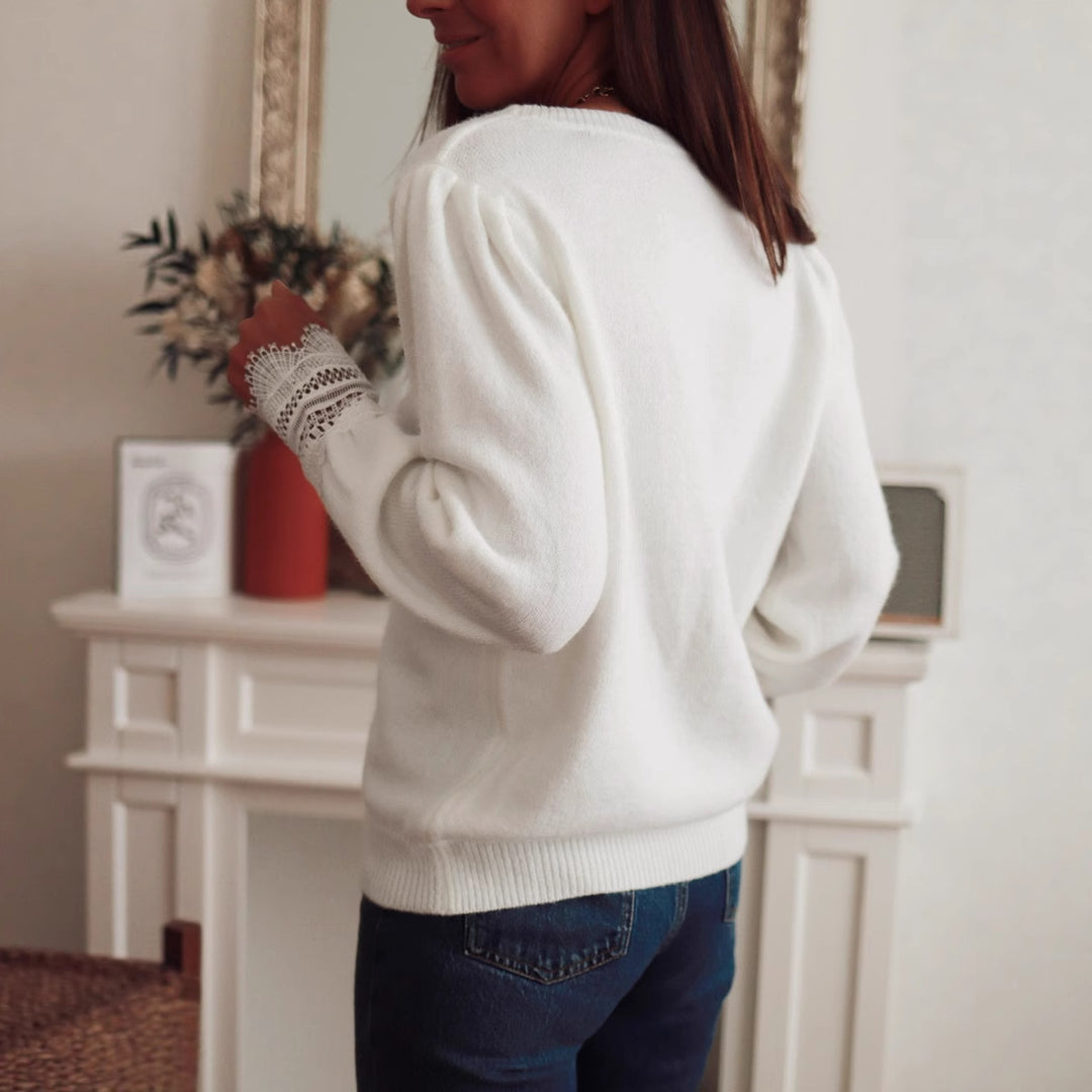 Damen Strickpullover mit Spitzenkragen und Puffärmeln Heidi-Mode