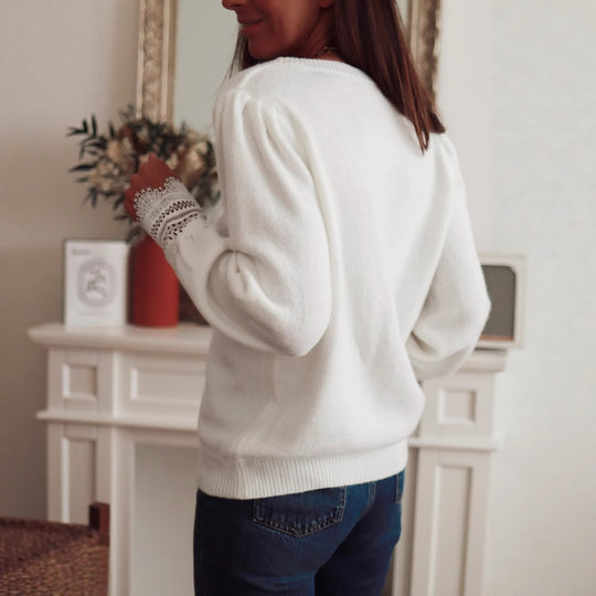 Damen Strickpullover mit Spitzenkragen und Puffärmeln Heidi-Mode