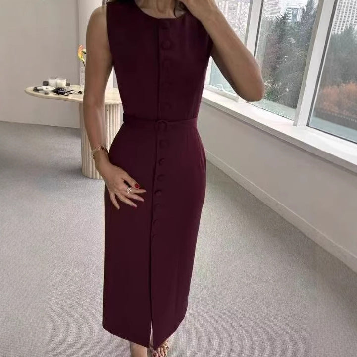 Damen ärmelloses Wickelkleid mit Knopfverschluss und Taillengürtel Heidi-Mode