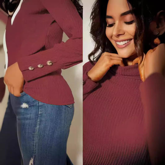 Damen Moderner Rollkragenpullover mit Knopfdetails Heidi-Mode