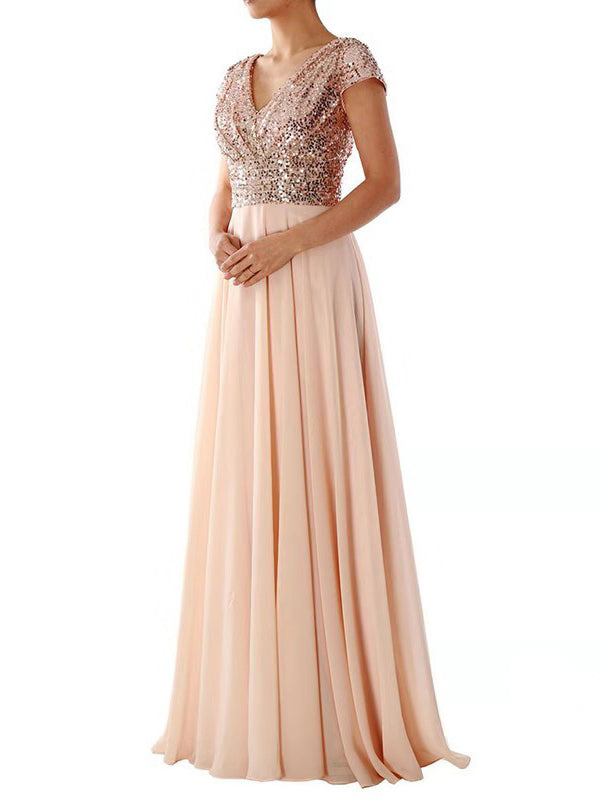 Heidi-Mode | Damen Kleider V-Ausschnitt Paillette Chiffon Paneel Maxi Kleid