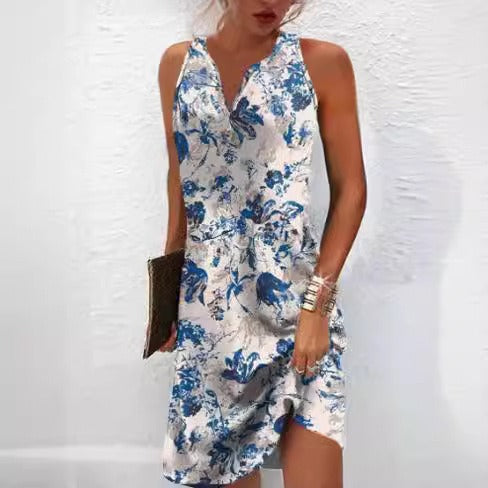 Damen, lässiges Sommerkleid mit V-Ausschnitt und asymmetrischem Saum Heidi-Mode