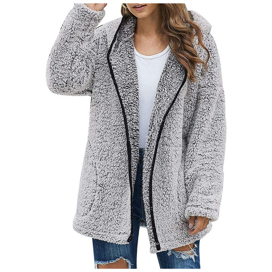 Damen Flauschige Kapuzenjacke im oversized Schnitt mit Eingrifftaschen und Reißverschluss Heidi-Mode