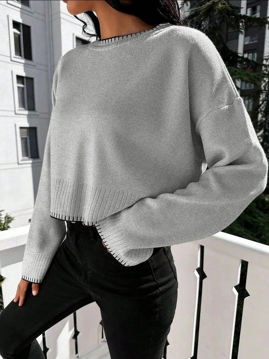 Damen lässiger Crop-Pullover mit strukturierten Säumen und Rundhalsausschnitt Heidi-Mode