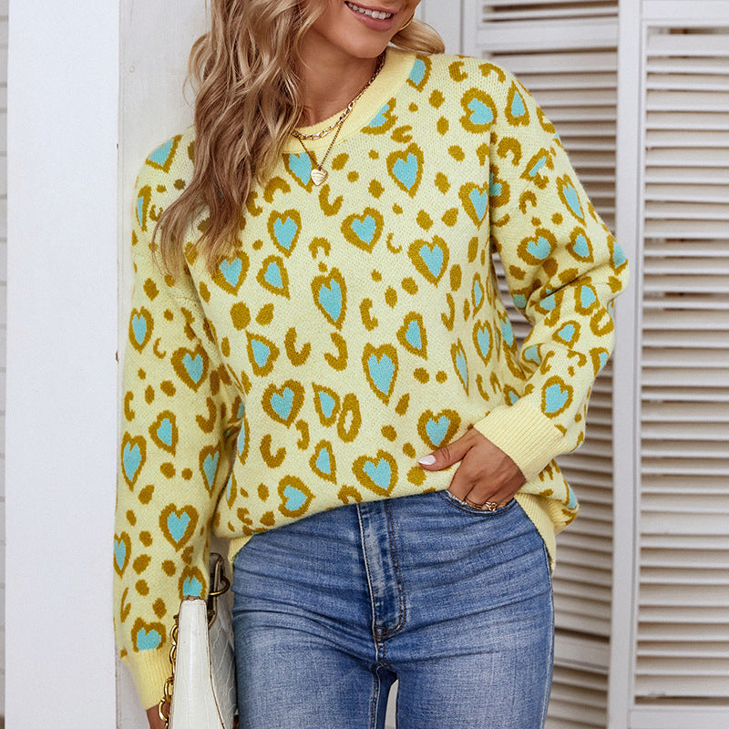 Damen verspielter Pullover mit Herz- und Leopardenmuster Heidi-Mode