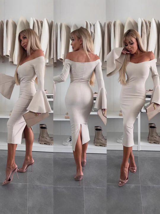 Damen Wickelkleid mit schulterfreiem Design und eleganten Trompetenärmeln Heidi-Mode