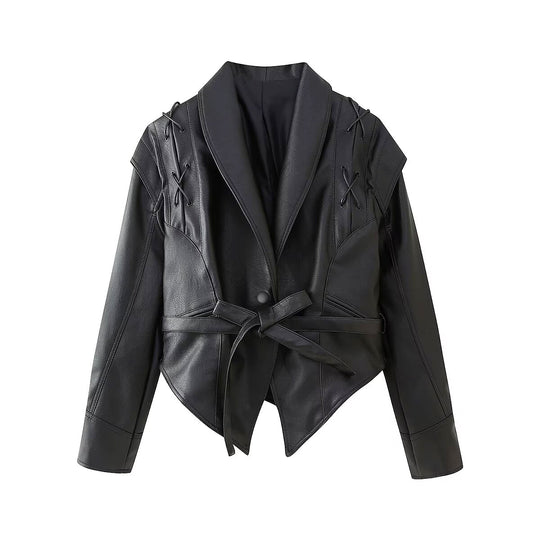 Damen Bikerjacke mit raffinierten Schnürdetails und tailliertem Schnitt Heidi-Mode