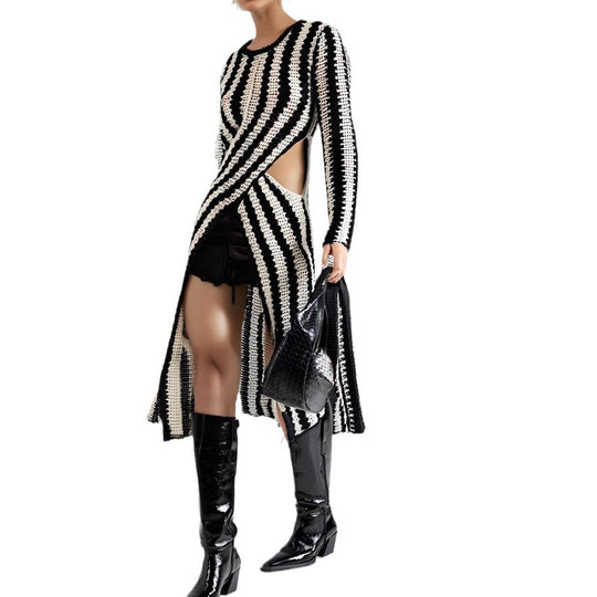 Damen Designer-Strickkleid mit asymmetrischem Schnitt und grafischem Muster Heidi-Mode