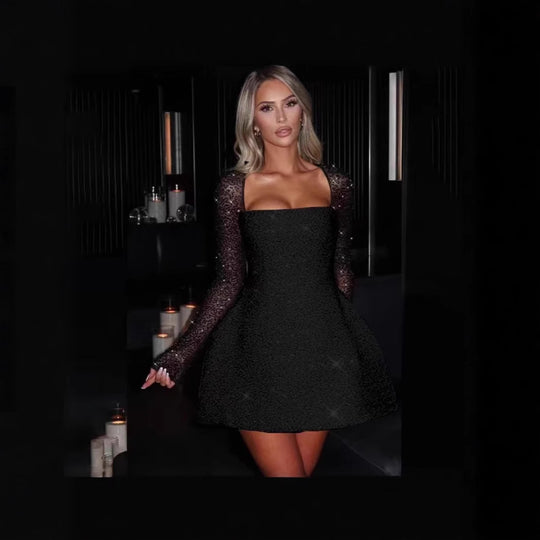 Damen Glamouröses Minikleid mit transparenten Spitzenärmel und figurbetontem Schnitt Heidi-Mode