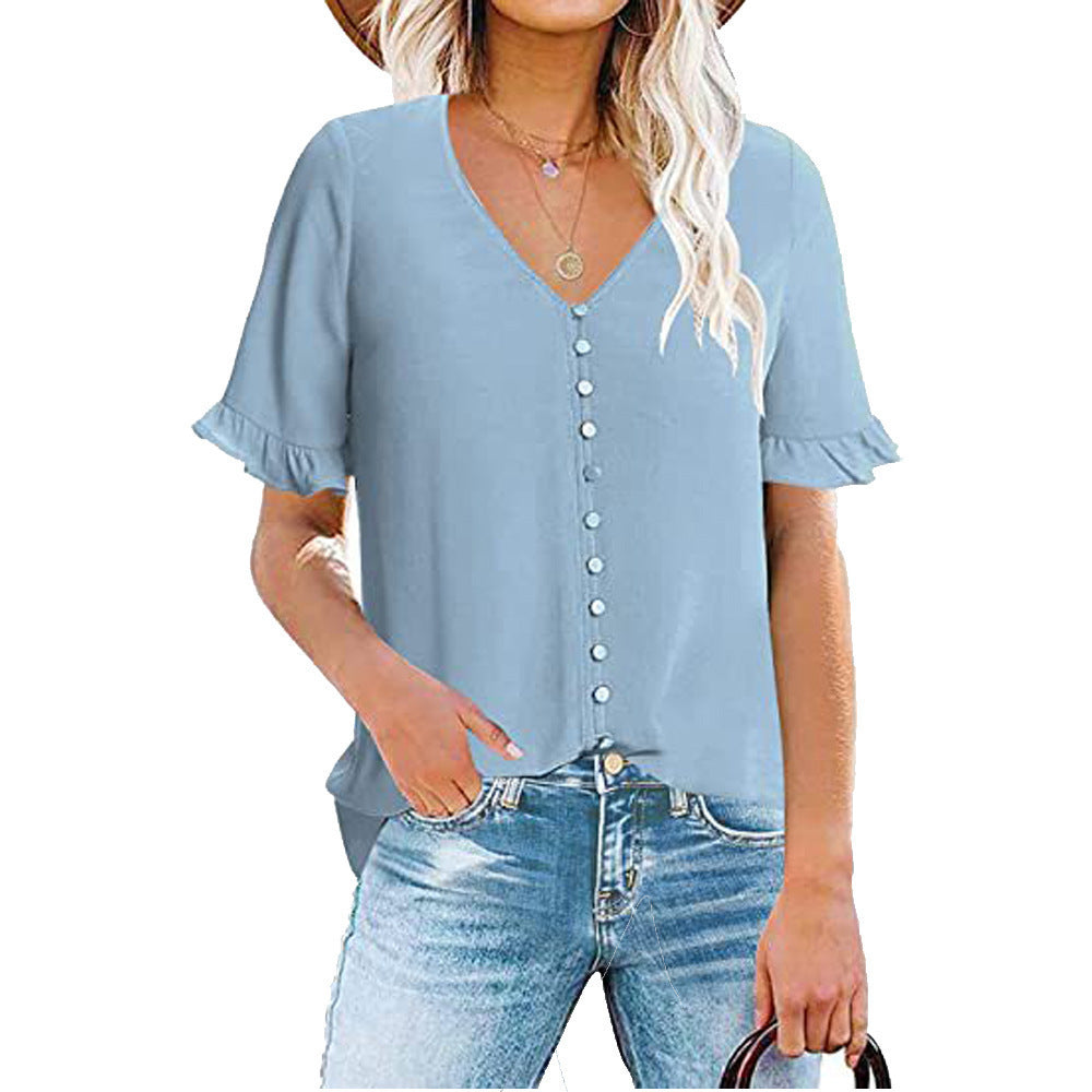 Damen Leichtes V-Ausschnitt Blusentop mit Rüschendetails Heidi-Mode