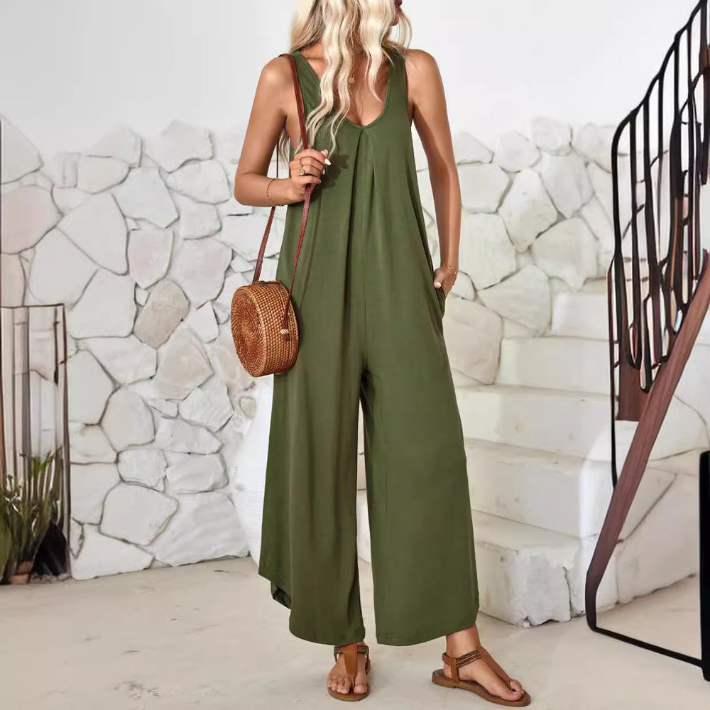 Damen luftiger Jumpsuit mit weitem Bein und praktischen Taschen Heidi-Mode