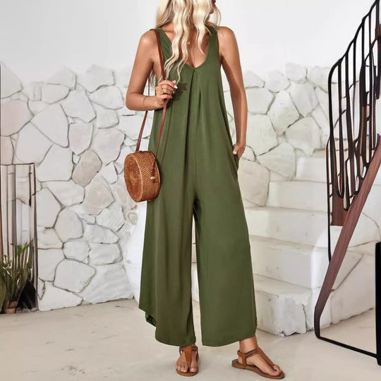 Damen luftiger Jumpsuit mit weitem Bein und praktischen Taschen Heidi-Mode