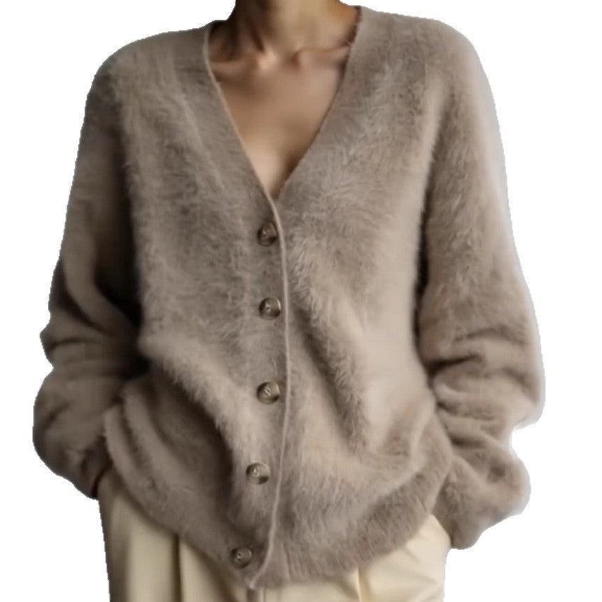 Strickjacke Damen flauschig mit großen Knöpfen und V-Ausschnitt