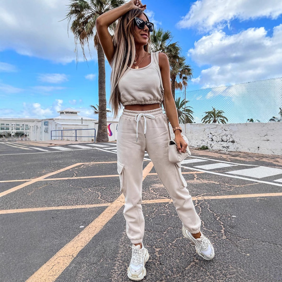 Damen lässiges Crop-Top und Jogginghose-Set mit verstellbarem Kordelzug Heidi-Mode