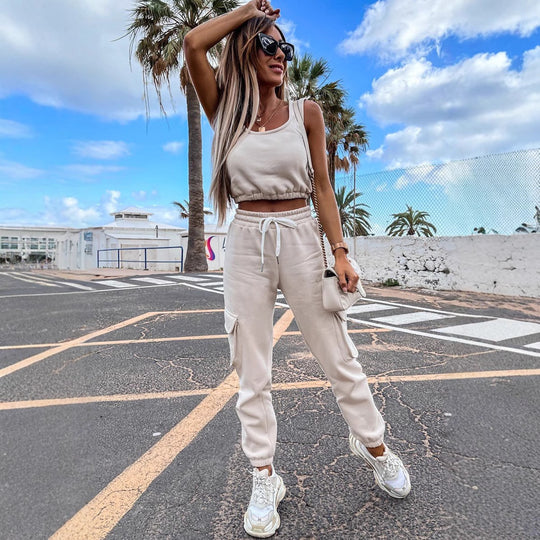 Damen lässiges Crop-Top und Jogginghose-Set mit verstellbarem Kordelzug Heidi-Mode