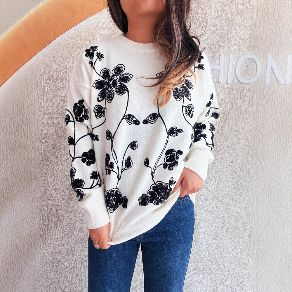 Damen lässiger Pullover mit floralem Stickdesign und modernem Schnitt Heidi-Mode