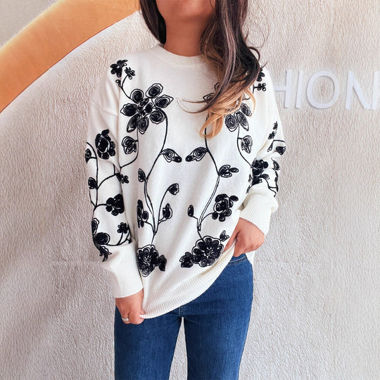 Damen lässiger Pullover mit floralem Stickdesign und modernem Schnitt Heidi-Mode