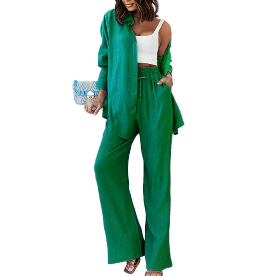 Damen Lässiges Leinen-Outfit mit weit geschnittenem Hemd und lockeren Hosen Heidi-Mode