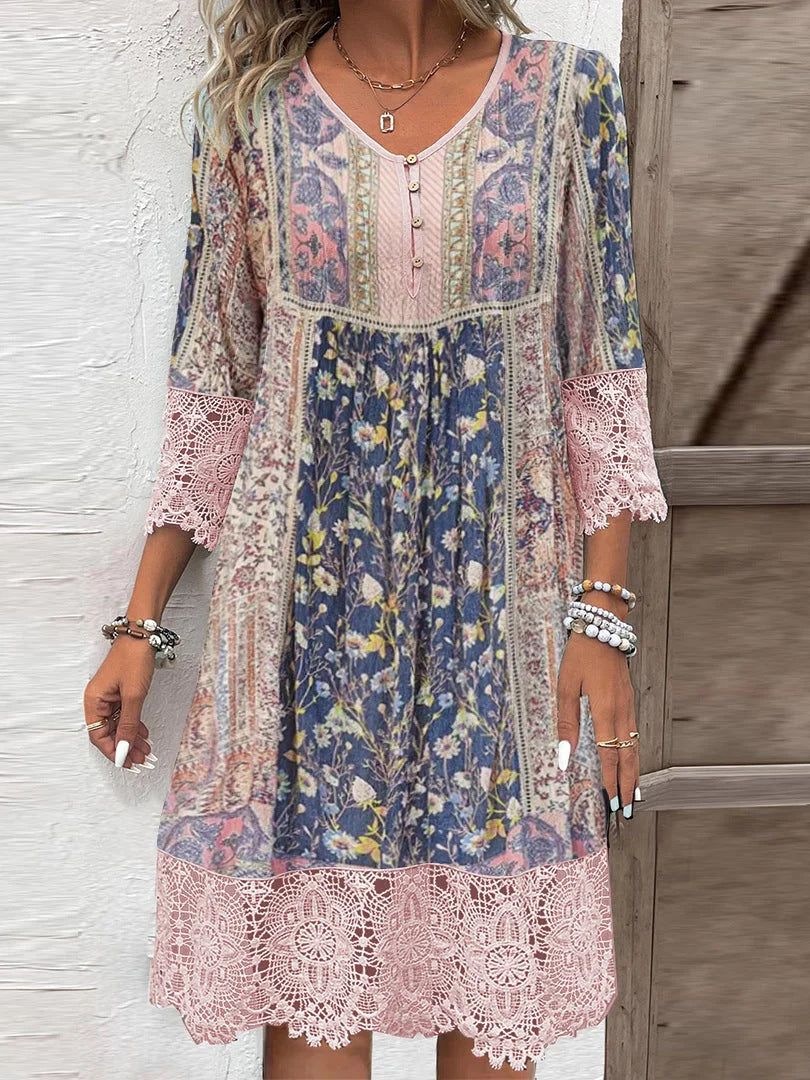 Damen Boho-chic Kleid mit Spitzenärmel und floralem Muster Heidi-Mode