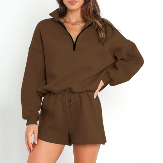 Damen lässiger Pullover mit halbhohem Kragen und Shorts Heidi-Mode