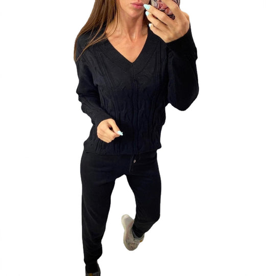 Damen Strickpullover und Jogginghose Set mit Zopfmuster Heidi-Mode