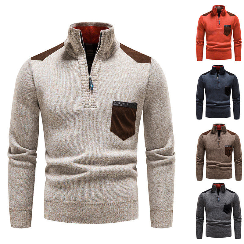 Herren Stehkragen Pullover mit Reißverschluss und kontrastierenden Details Heidi-Mode