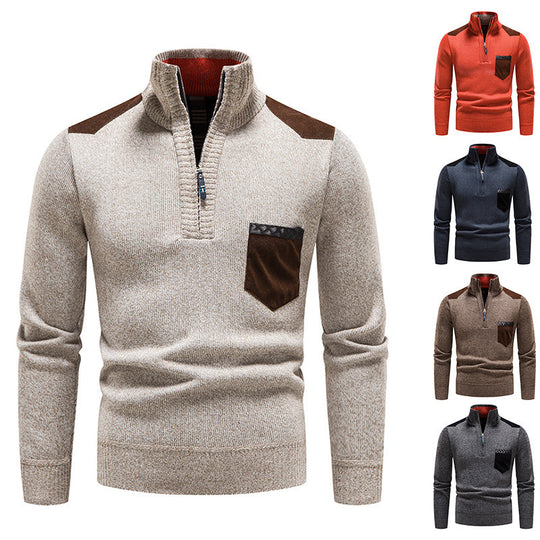 Herren Stehkragen Pullover mit Reißverschluss und kontrastierenden Details Heidi-Mode