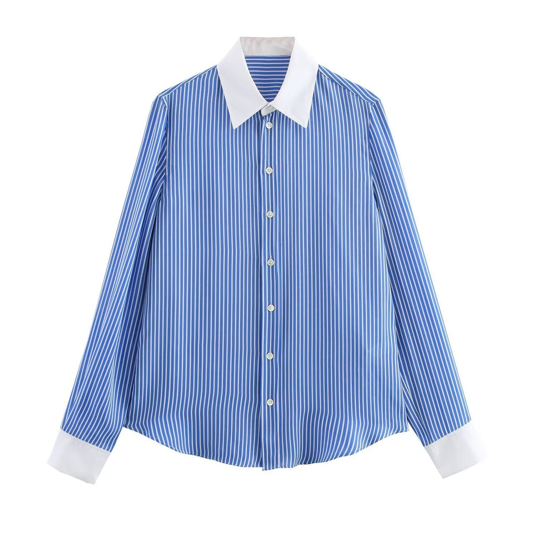 Heidi-Mode | Modische Blau Weiß Gestreifte Revers Vielseitige Bluse