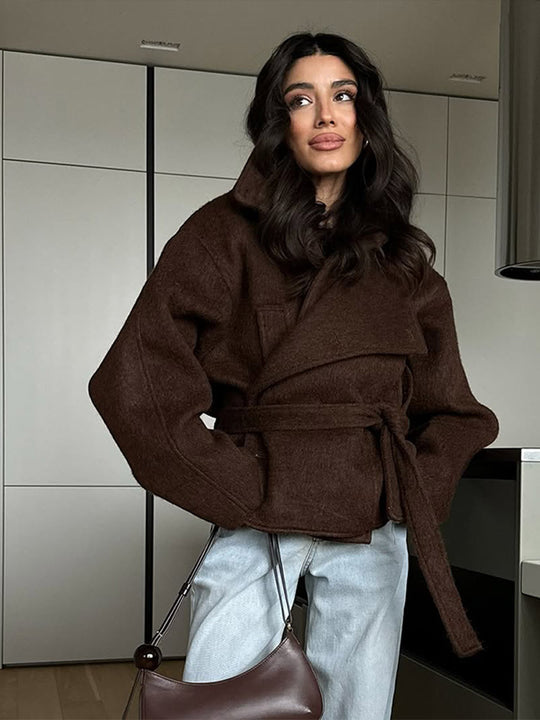 Damen elegante Oversized-Wolljacke mit Gürtel Heidi-Mode