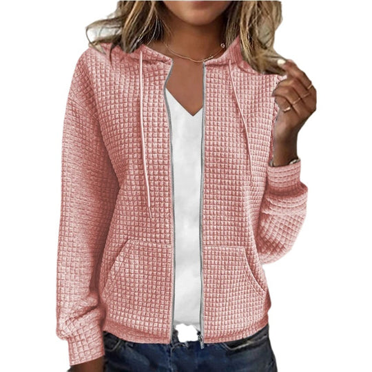 Damen Waffelstruktur Kapuzenjacke mit durchgehendem Reißverschluss und praktischen Taschen Heidi-Mode