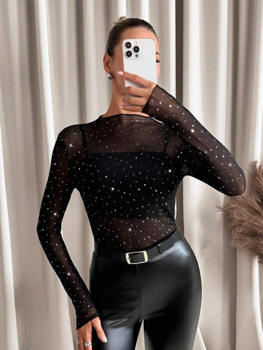 Damen Funktionsshirt aus transparenter Qualität mit glitzernden Applikationen Heidi-Mode