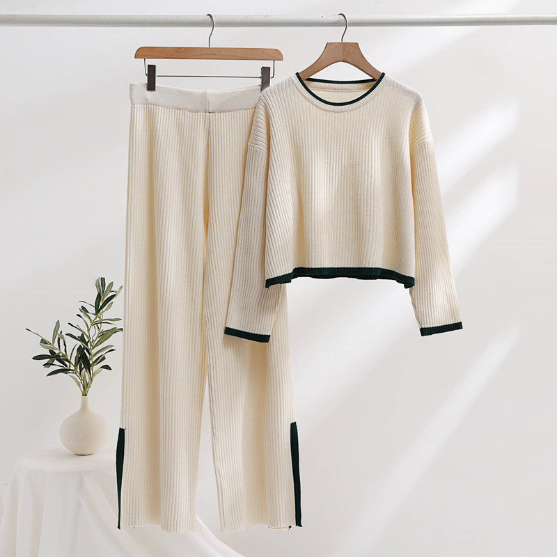 Damen lässiges Strickensemble mit hohem Bund und kontrastierenden Bündchen Heidi-Mode