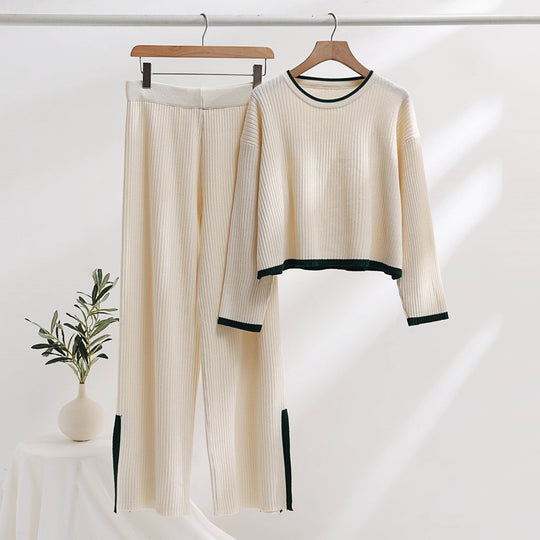 Damen lässiges Strickensemble mit hohem Bund und kontrastierenden Bündchen Heidi-Mode