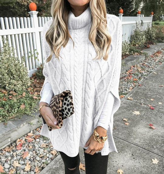 Damen Kuschelponcho mit hohem Kragen und Zopfmuster Heidi-Mode