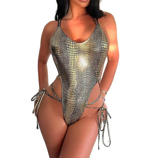 Damen Einteiler Badeanzug mit schimmerndem Schlangenmuster und elegantem Schnitt Heidi-Mode