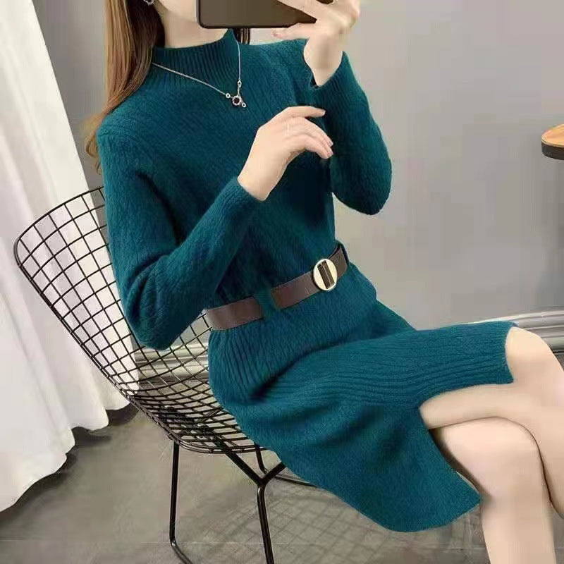 Damen Strickkleid mit hohen Kragen und Taillengürtel Heidi-Mode