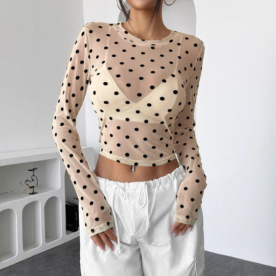 Damen Transparente Longsleeve-Bluse mit Polka Dots Heidi-Mode