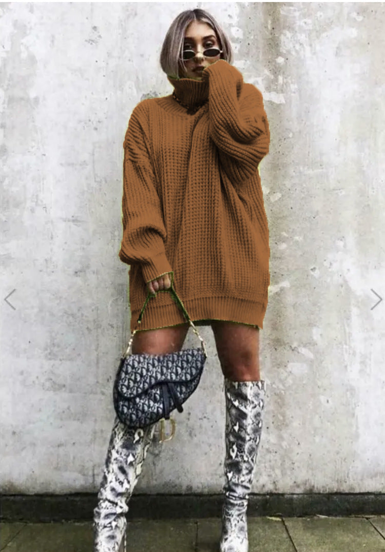 Damen Oversized Strickpullover mit hohem Kragen und Waffelmuster Heidi-Mode